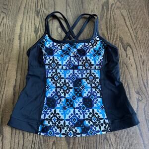 Lands End Womens Blue Black Geometric Floral Tankini Swim Suit Top Size 12